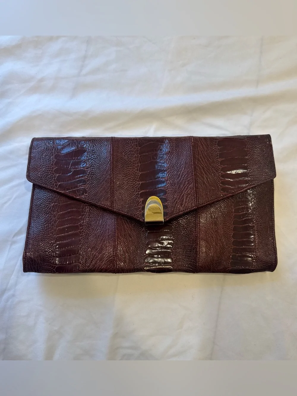 Vintage Luc Benoit Burgundy Ostrich Leather Clutch Envelope Bag Red Switzerland